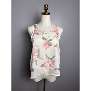 Style Rack Floral Tank Top Women Small White Pink Excellent Open Back Layered